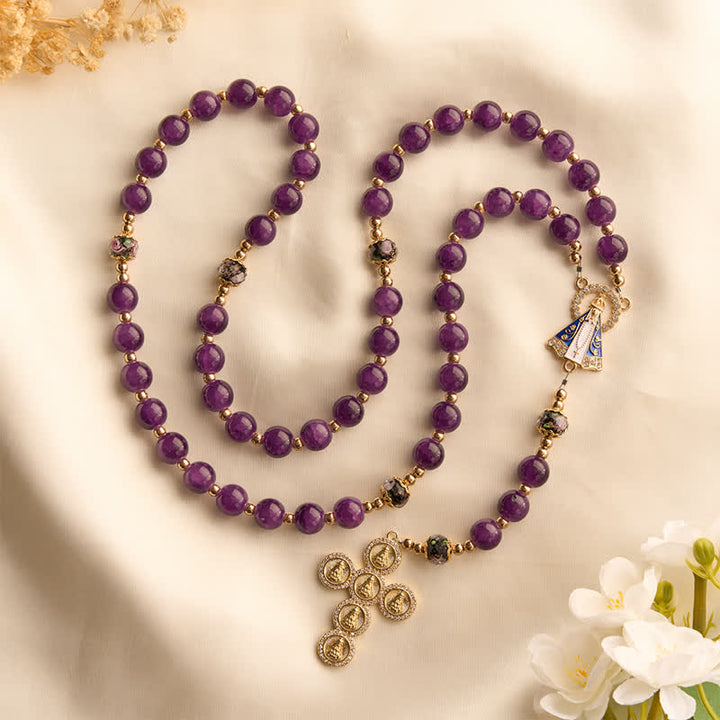 Christianartworkshop Rich Violet Glass Prayer Rosary with Floral Accent Beads & Our Lady of Aparecida Charm - Deep Purple Glass Bead Rosary - image 0