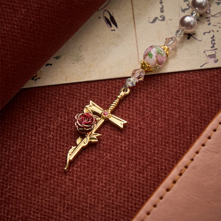 Christianartworkshop Pale Lavender Pearl Rosary With Floral Glass Beads & Rose Cross: Emblem of Gentle Marian Grace - image 8