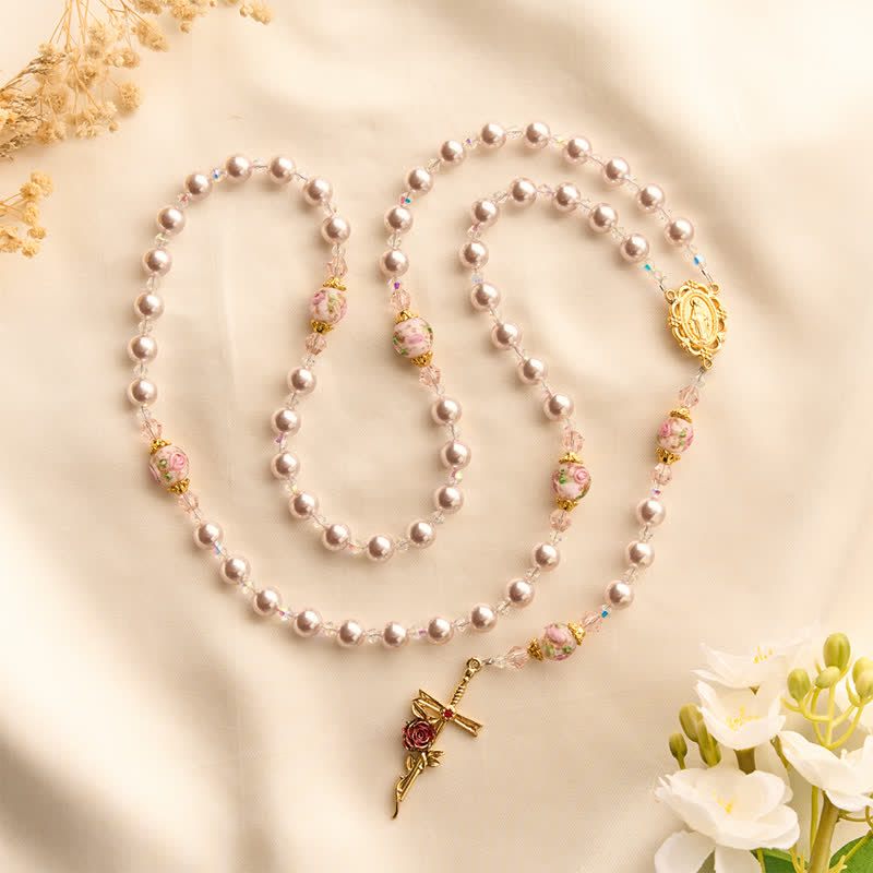 Christianartworkshop Pale Lavender Pearl Rosary With Floral Glass Beads & Rose Cross: Emblem of Gentle Marian Grace - image 4