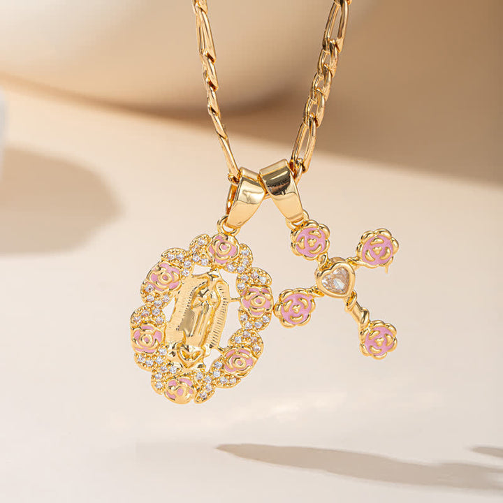 Christianartworkshop Rose Framed Our Lady of Guadalupe & Jeweled Cross Necklace - Pink - image 5