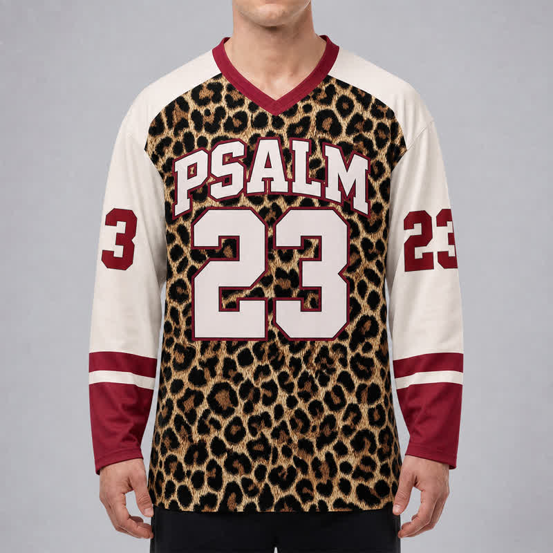 Christianartworkshop Psalm 23 Leopard Print Varsity Long Sleeve Hockey Jersey - image 4