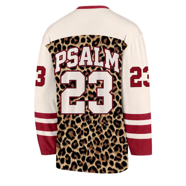 Christianartworkshop Psalm 23 Leopard Print Varsity Long Sleeve Hockey Jersey - image 1