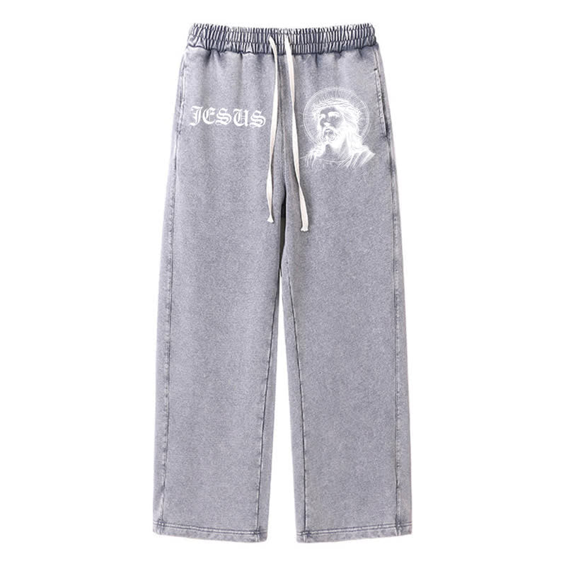 Christianartworkshop Jesus Portrait Gothic Script Blush Washed Sweatpants - Grey - 2XL - image 16
