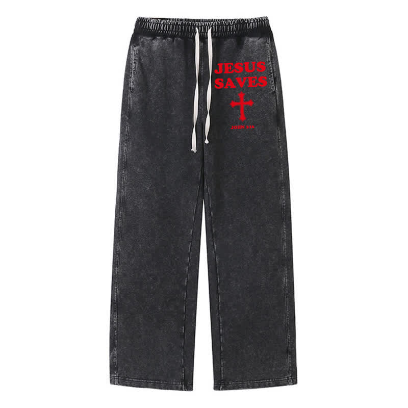 Christianartworkshop Jesus Saves Cross Graphic Grey Washed Sweatpants - Black - 2XL - image 8