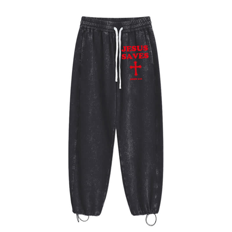 Christianartworkshop Jesus Saves Cross Graphic Grey Washed Sweatpants - image 10