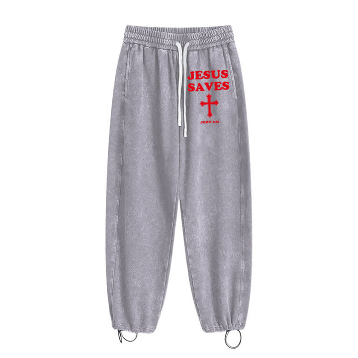 Christianartworkshop Jesus Saves Cross Graphic Grey Washed Sweatpants - image 3