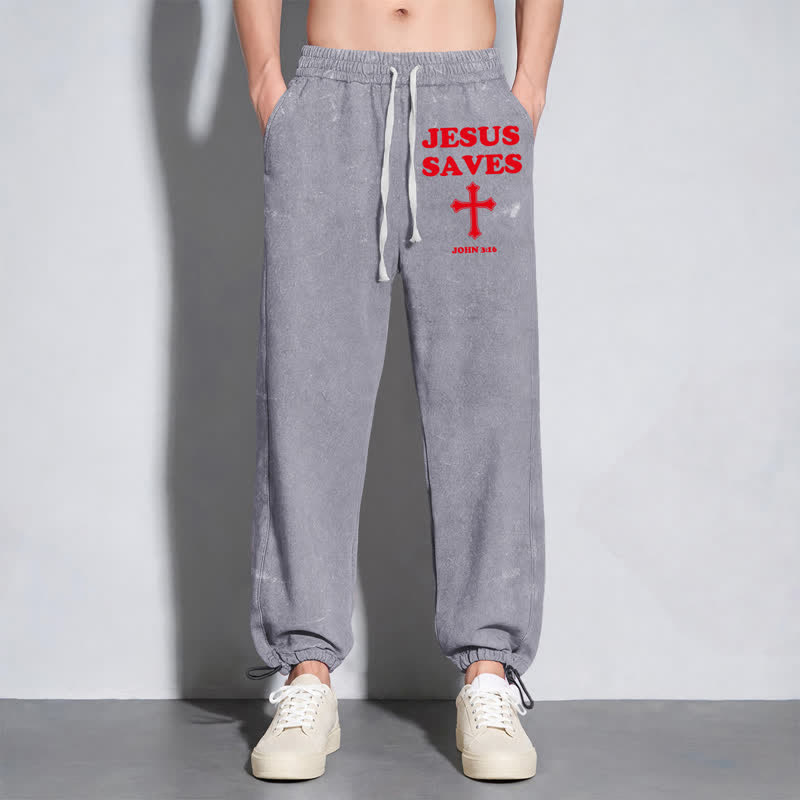 Christianartworkshop Jesus Saves Cross Graphic Grey Washed Sweatpants - image 6