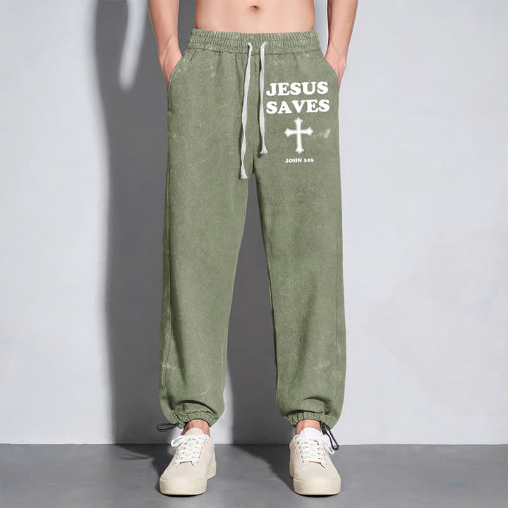 Christianartworkshop Jesus Saves Cross Graphic Grey Washed Sweatpants - image 22