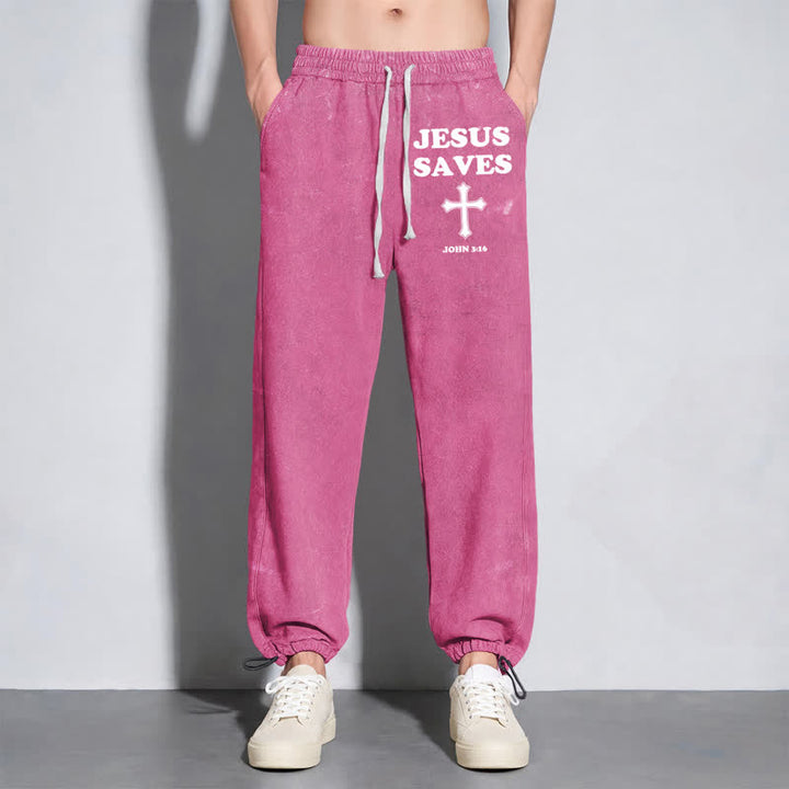 Christianartworkshop Jesus Saves Cross Graphic Grey Washed Sweatpants - image 30