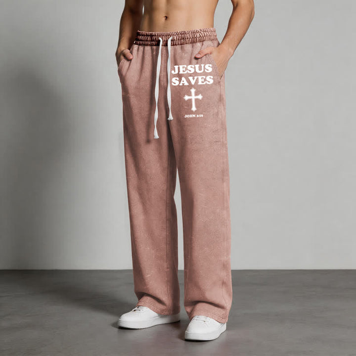Christianartworkshop Jesus Saves Cross Graphic Grey Washed Sweatpants - image 44
