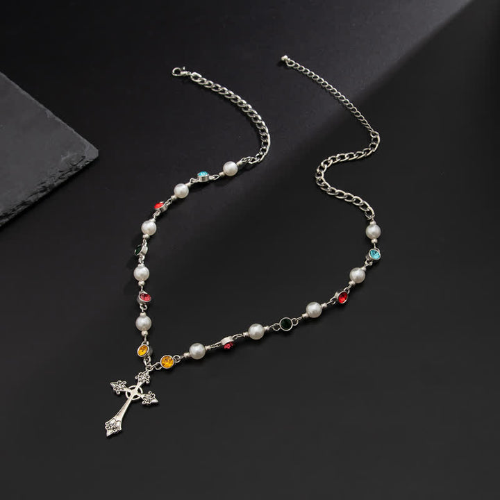 Christianartworkshop Faux Pearl Beaded Zinc Alloy Cross Necklace: Emblem of Soft Heavenly Shelter - image 2