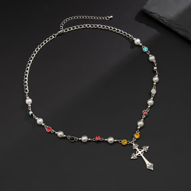 Christianartworkshop Faux Pearl Beaded Zinc Alloy Cross Necklace: Emblem of Soft Heavenly Shelter - Cross - image 0