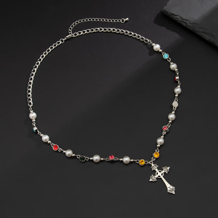 Christianartworkshop Faux Pearl Beaded Zinc Alloy Cross Necklace: Emblem of Soft Heavenly Shelter - Cross - image 0