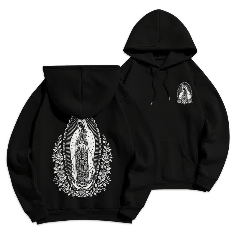 Christianartworkshop Light Blue Madonna Floral Streetwear Pullover Hoodie - Black - 2XL - image 6