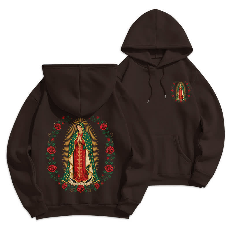 Christianartworkshop Sacred Rose Madonna White Fleece Lined Hoodie - Brown - 2XL - image 12