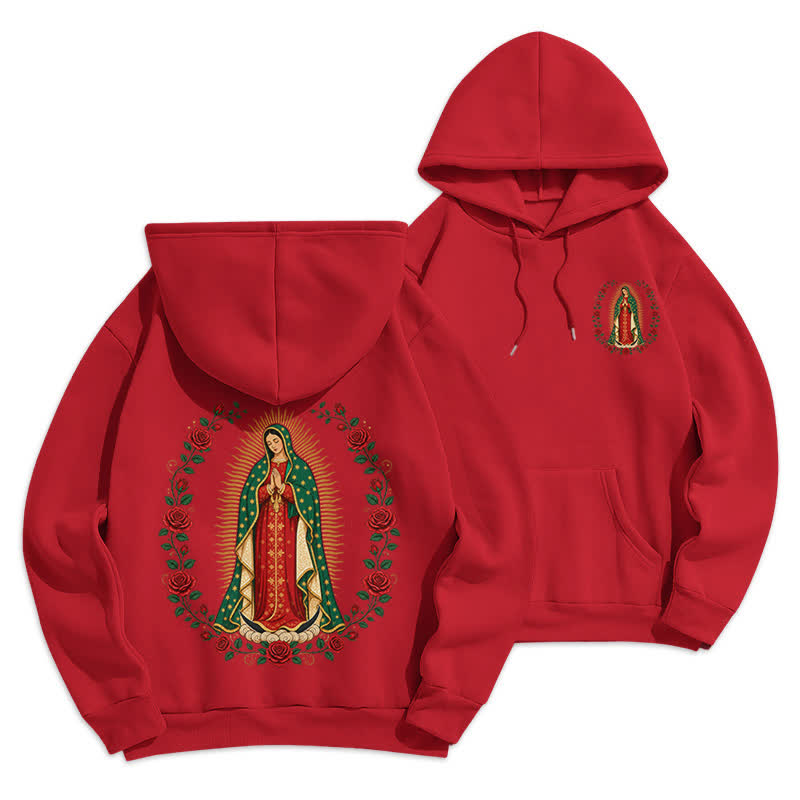Christianartworkshop Sacred Rose Madonna White Fleece Lined Hoodie - Red - 2XL - image 21