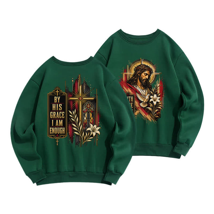 Christianartworkshop By His Grace Stained Glass Cross Black Crewneck Sweatshirt - Green - 2XL - image 12
