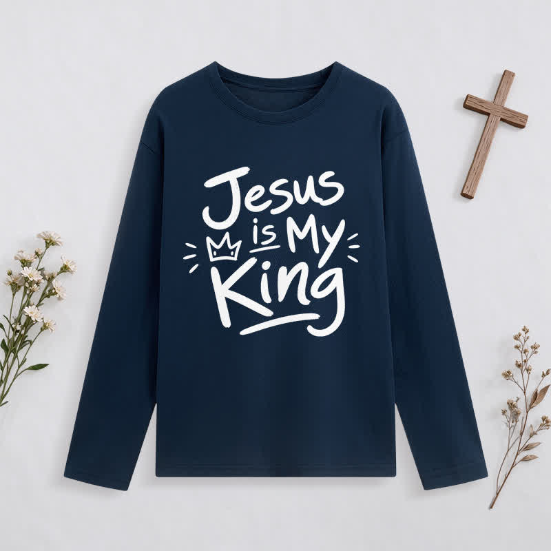 Christianartworkshop Jesus Is My King Crown Graphic Long Sleeve T Shirt - Navy Blue - 4XL - image 0