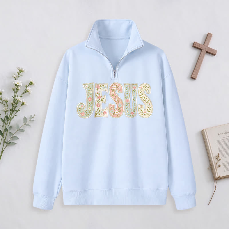 Christianartworkshop Floral Pattern Jesus Statement Half-zip Pullover - Sky Blue - 3XL - image 8