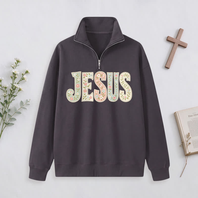 Christianartworkshop Floral Pattern Jesus Statement Half-zip Pullover - Dark Grey - 3XL - image 11