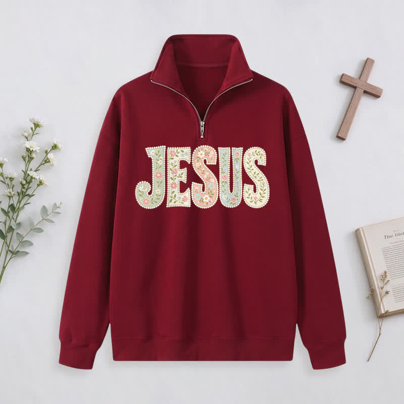 Christianartworkshop Floral Pattern Jesus Statement Half-zip Pullover - Wine - 3XL - image 4