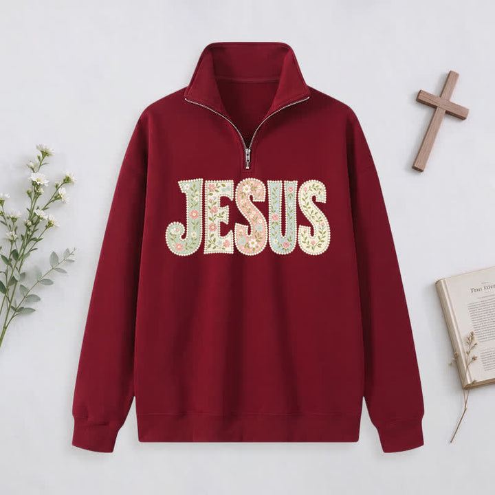 Christianartworkshop Floral Pattern Jesus Statement Half-zip Pullover - Wine - 3XL - image 4
