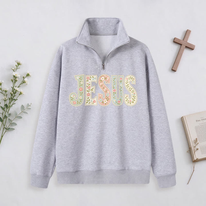 Christianartworkshop Floral Pattern Jesus Statement Half-zip Pullover - Grey - 3XL - image 12