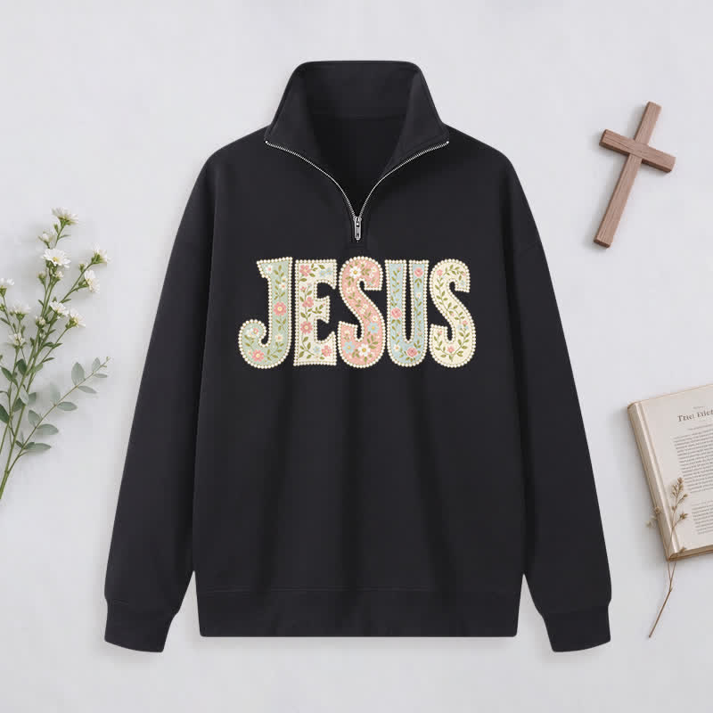 Christianartworkshop Floral Pattern Jesus Statement Half-zip Pullover - Black - 3XL - image 2