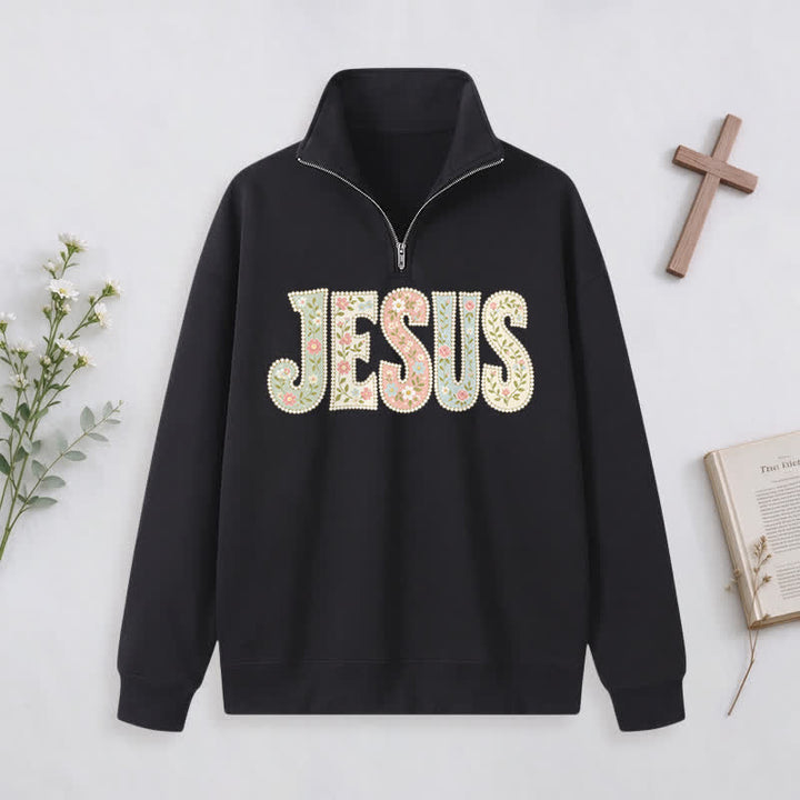 Christianartworkshop Floral Pattern Jesus Statement Half-zip Pullover - Black - 3XL - image 2
