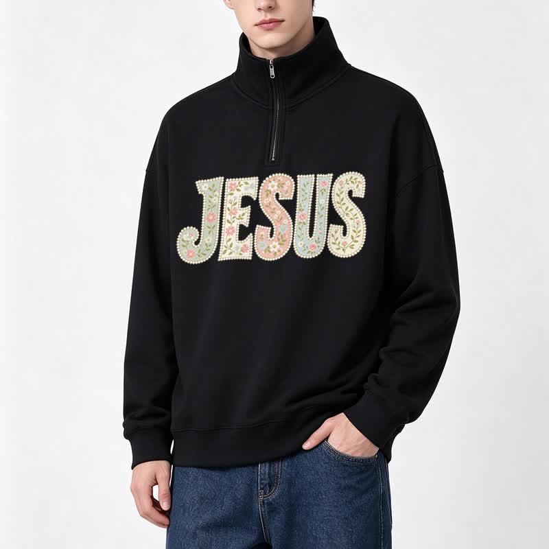 Christianartworkshop Floral Pattern Jesus Statement Half-zip Pullover - image 3