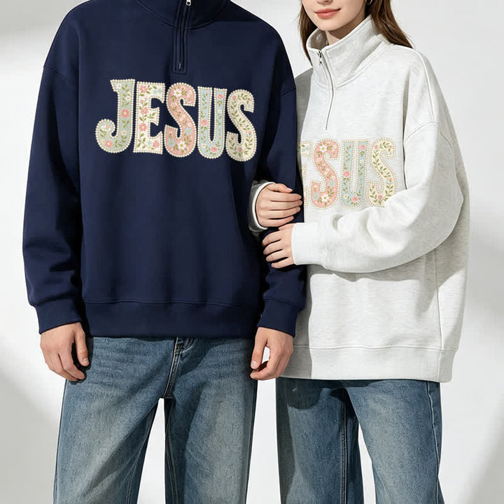 Christianartworkshop Floral Pattern Jesus Statement Half-zip Pullover - image 1