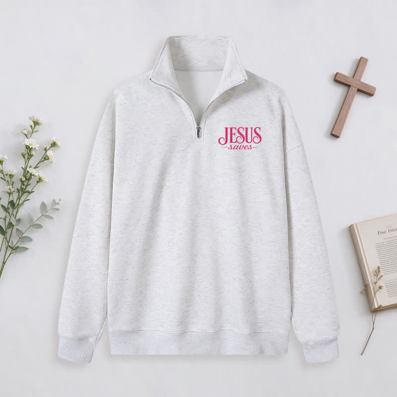 Christianartworkshop Jesus Saves White Stand Collar Half-Zip Pullover - image 22