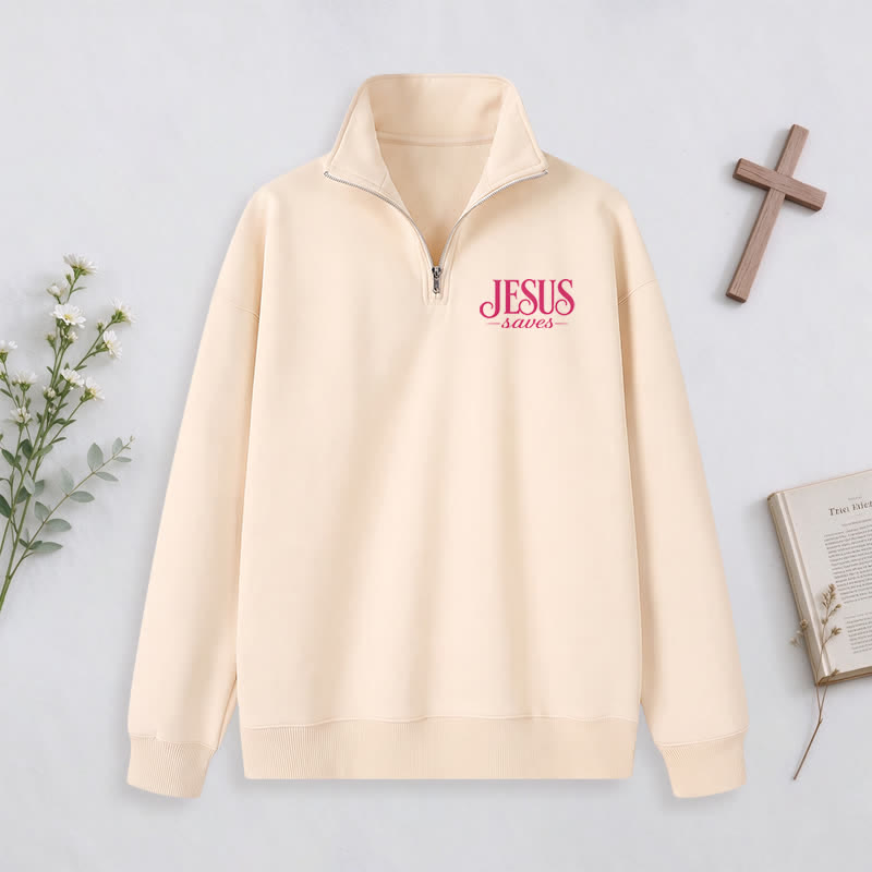 Christianartworkshop Jesus Saves White Stand Collar Half-Zip Pullover - image 14