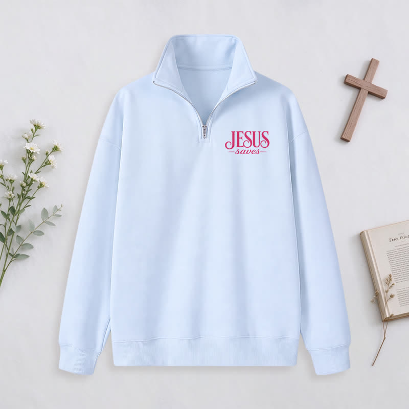 Christianartworkshop Jesus Saves White Stand Collar Half-Zip Pullover - image 18