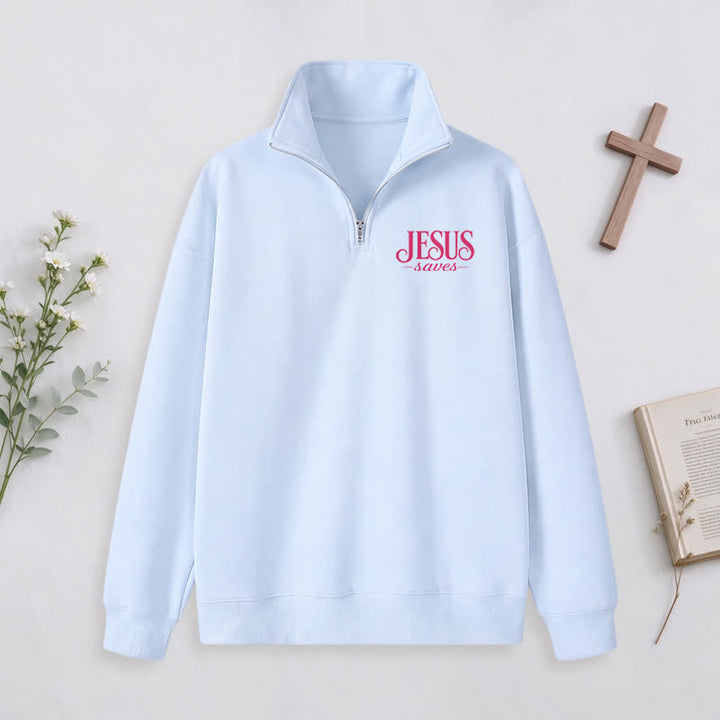 Christianartworkshop Jesus Saves White Stand Collar Half-Zip Pullover - image 18
