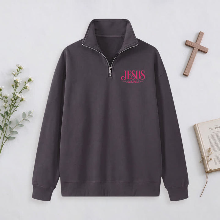 Christianartworkshop Jesus Saves White Stand Collar Half-Zip Pullover - image 25