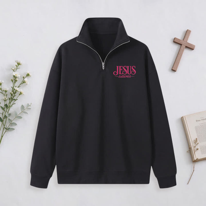 Christianartworkshop Jesus Saves White Stand Collar Half-Zip Pullover - image 10