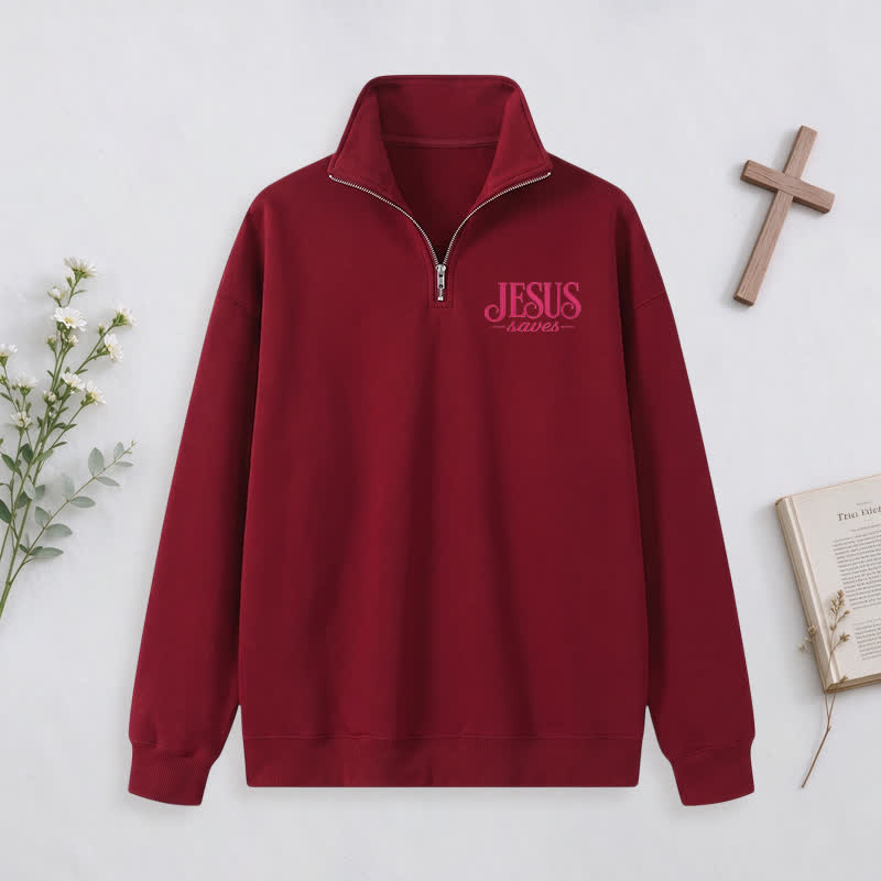 Christianartworkshop Jesus Saves White Stand Collar Half-Zip Pullover - image 6