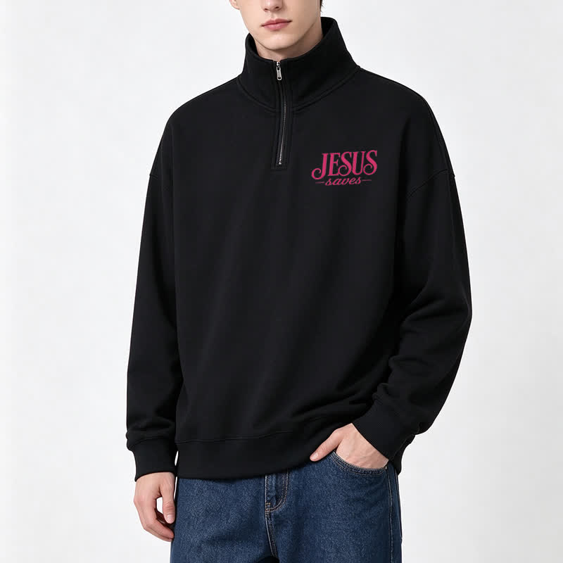 Christianartworkshop Jesus Saves White Stand Collar Half-Zip Pullover - image 11