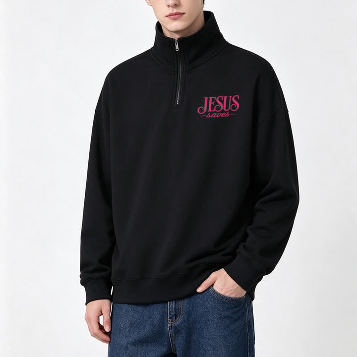 Christianartworkshop Jesus Saves White Stand Collar Half-Zip Pullover - image 11