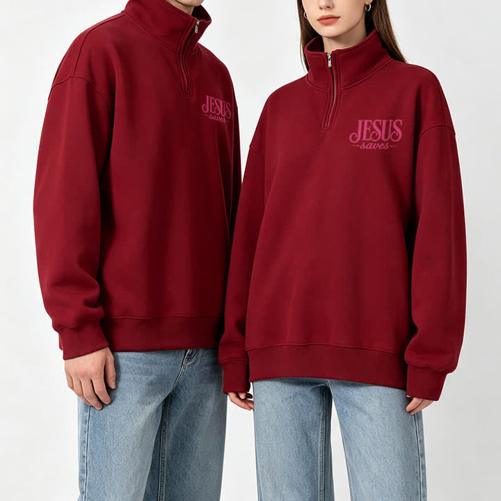 Christianartworkshop Jesus Saves White Stand Collar Half-Zip Pullover - image 7
