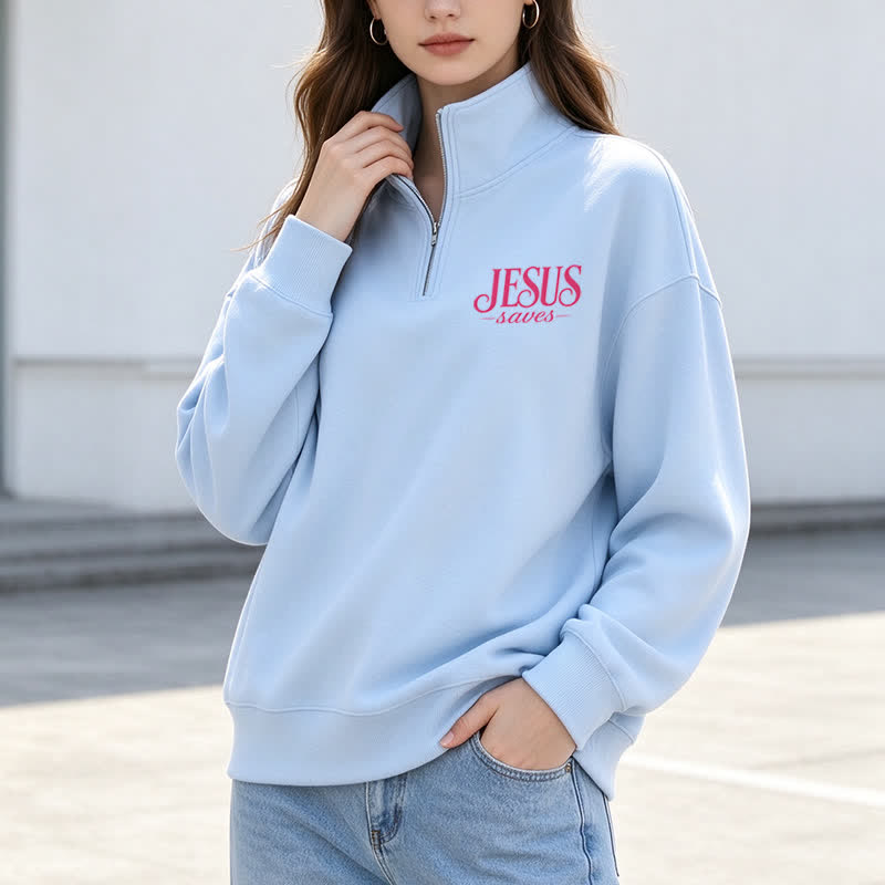 Christianartworkshop Jesus Saves White Stand Collar Half-Zip Pullover - image 19