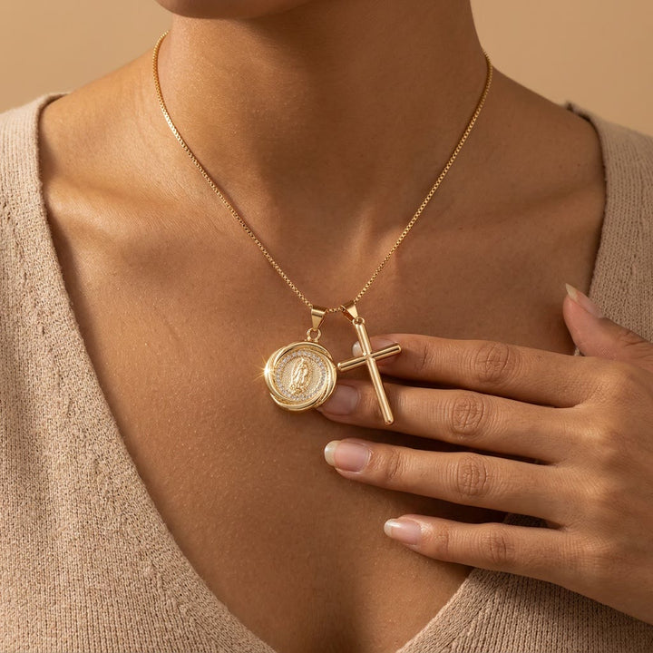 Christianartworkshop Double Pendant Necklace with Zircon-Encircled Our Lady Medallion & Polished Cross Charm - image 1